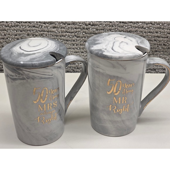 Other - 50th Anniversary Mr and Mrs Right Marble Ceramic Mug Set with Lids Grey Gold